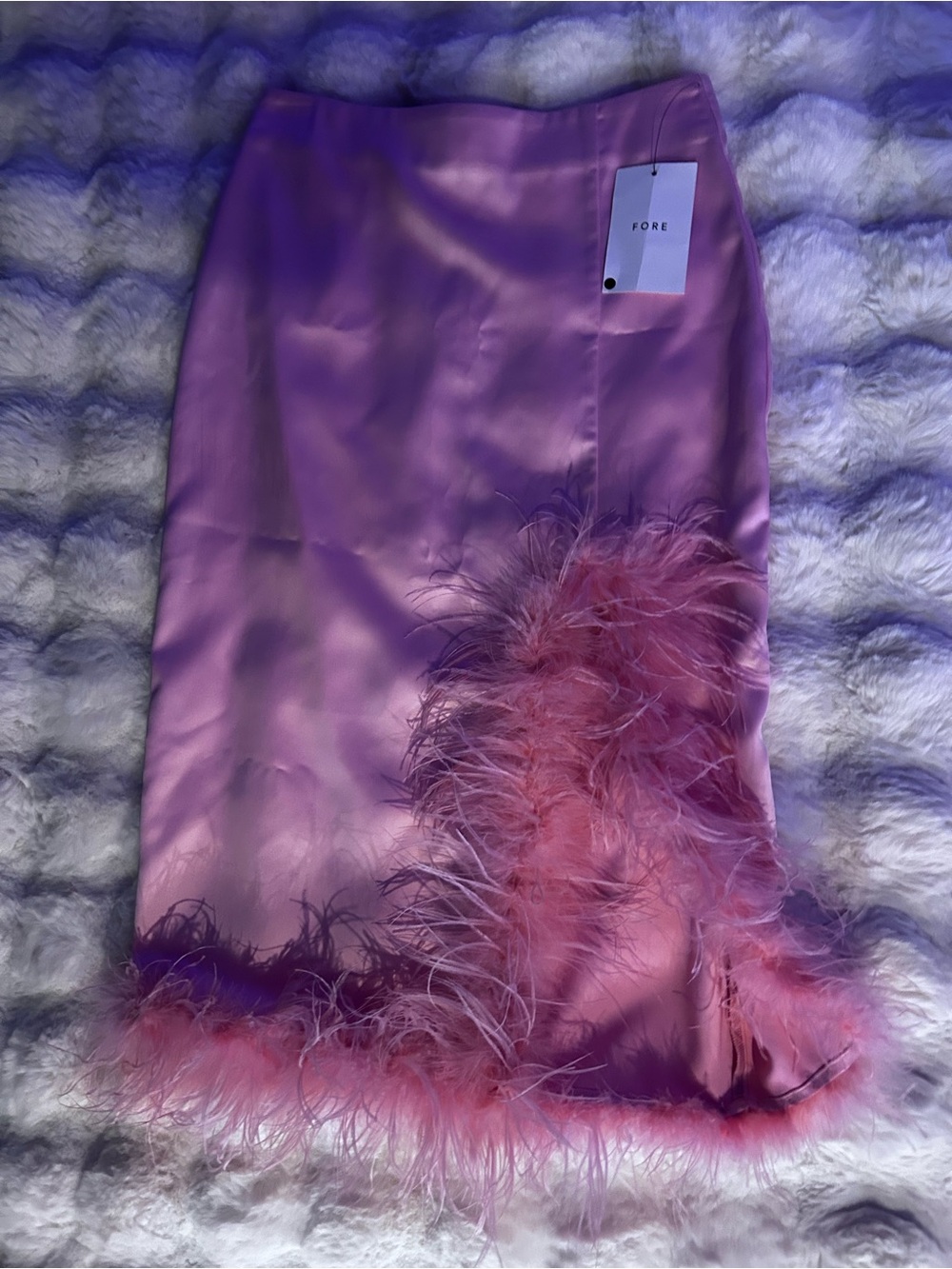 FORE Pink Satin Feather-Trim Pencil Skirt